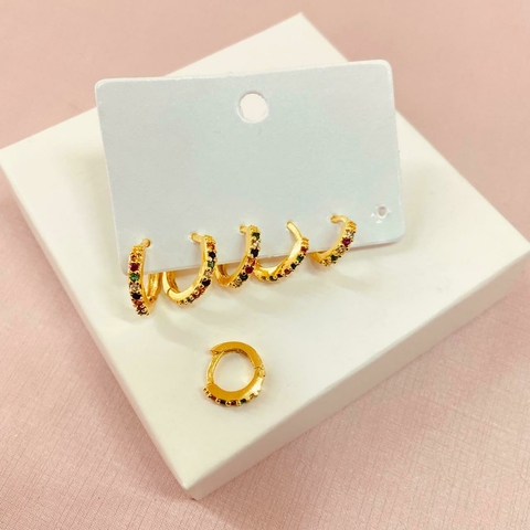 Trio de brincos argolas 1 fileira zircônias cravejada colorida - banhado a ouro 18k - comprar online