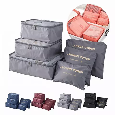 Organizador De Viaje Kit Gris X6 Bolsas Valija Ropa Neceser