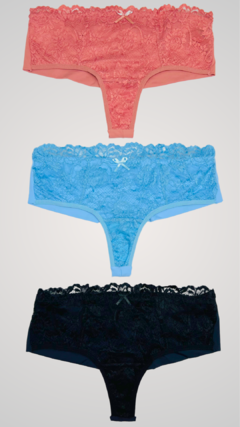Kit Com 3 Calcinhas Com Renda Forrada - Fio Duplo e Cós Alto - Nude, Azul E Preto - RYCCA Moda Íntima