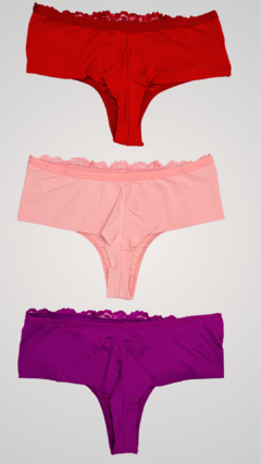 Kit Com 3 Calcinhas Com Renda Forrada - Fio Duplo e Cós Alto - Pink, Rosa E Vermelho