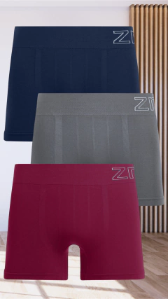 KIT 3 CUECAS BOXER SEM COSTURA - VINHO, CINZA E AZUL na internet