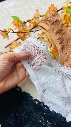 KIT COM 3 CALCINHAS DE RENDA - FIO DUPLO E CÓS MÉDIO - NUDE, PRETA E BRANCA - loja online
