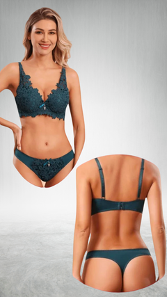 Conjunto Com Bojo E Calcinha Fio Dental Flor - Azul Petróleo - comprar online