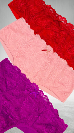 Kit Com 3 Calcinhas Com Renda Forrada - Fio Duplo e Cós Alto - Pink, Rosa E Vermelho - loja online
