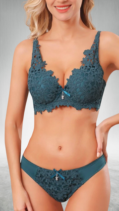 Conjunto Com Bojo E Calcinha Fio Dental Flor - Azul Petróleo