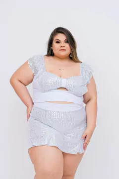 Conjunto Short Saia + Cropped Paetê Manga De Babado Jessica - 213112