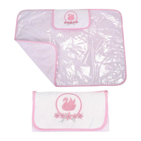 Trocador portátil de bebê impermeável acolchoado, com bordado de cisne em tecido 100% algodão, na cor rosa.