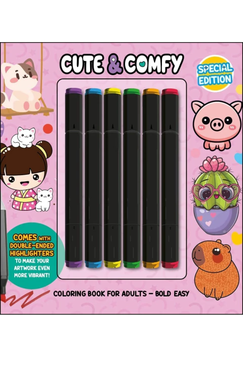 Cute & comfy coloring book for adults ( acompanha 6 canetinhas)