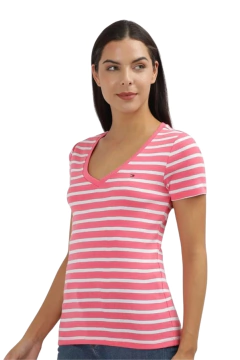 Camiseta Feminina Tommy Hilfiger Tradicional Gola V Rosa listrada