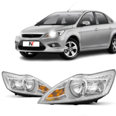 Carro Ford Focus prata com foco no farol direito cromado manual para modelos 2009 a 2013