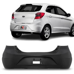 Parachoque traseiro preto para Ford Ka hatch 2014 a 2019, mostrado abaixo de um carro Ford Ka branco na traseira