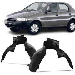 Carro Fiat Palio cinza modelo 1996 a 2000 com parabarros dianteiros em plástico preto para o lado esquerdo