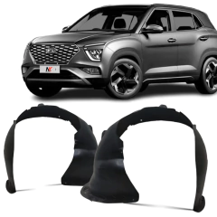 Par de parabarros dianteiros em plástico preto para Hyundai Creta 2022 a 2025, com SUV cinza ao fundo