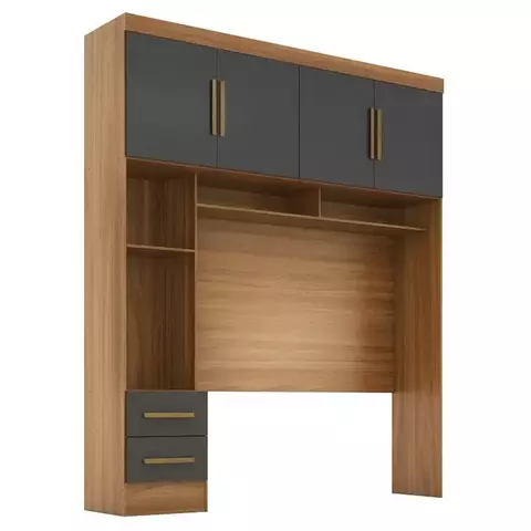 (Classe A) Módulo Closet Smart Aéreo com Criado 2 Gavetas com Maleiro Cinamomo/Chumbo