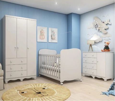 (Classe A) Quarto de Bebê Completo com Guarda Roupa 3 Portas Cômoda e Berço 100% MDF Mimo Espresso Móveis Branco Brilho
