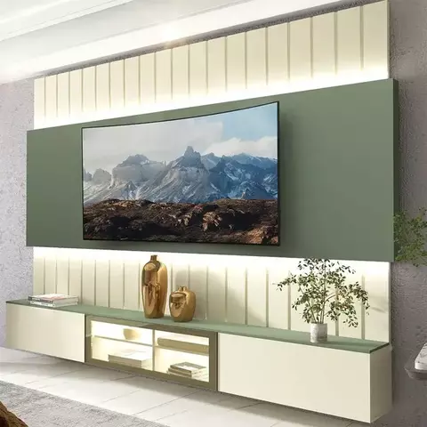 (Classe B) Estante Home para Tv até 90 Polegadas com Led 230cm Soberano Sem a Porta 100% MDF Off White/Verde Bellagio