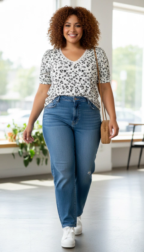 Remera Modal Cuello V con Puntilla Talles Grandes Estampada