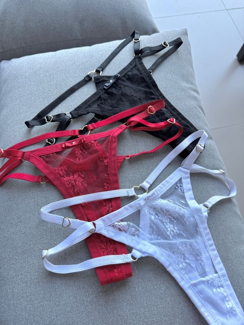 Calcinha de Renda Straps Dupla Coração - Alça Regulável Dupla de Coração Forro Algodão