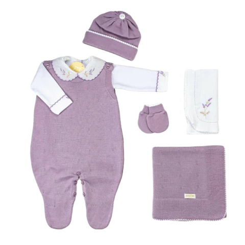 SAIDA DE MATERIDADE SANCHES LUVA+BOINA+ PANO DE BOCA+MANTA+JADRDINEIRA BORDADA-FLORAL C/ BRANCO-RN INVERNO 2025