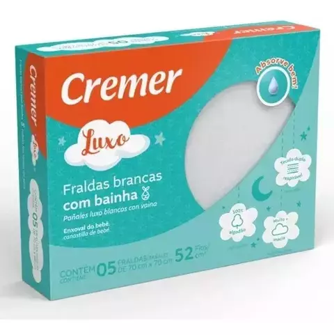 FRALDA TECIDO CREMER LUXO BRANCA COM BAINHA 5UND