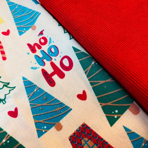 Kit Veludo Vermelho + Tricoline Casinhas Natal