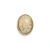 Entremeio oval de resina off white com efeito pedra, veios dourados, superfície abaulada e brilhante e moldura de metal dourado.