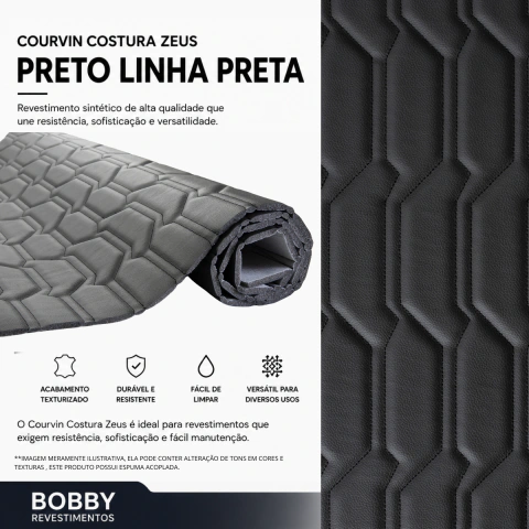 Courvin Automotivo Corino Costura Zeus Preto Linha Preta Tecido Sintético Espuma D26 Decoração Artesanato DYI 1,00 M (C)