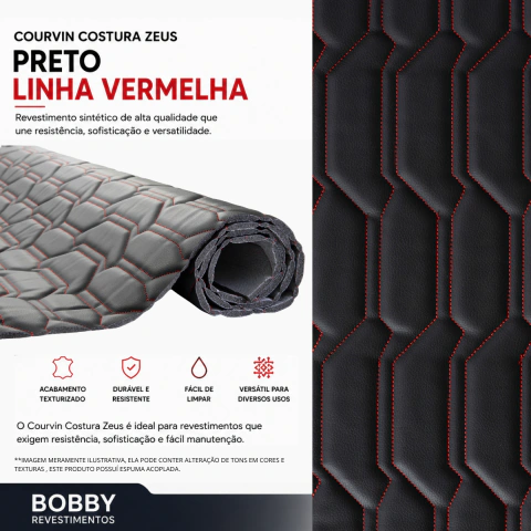 Courvin Automotivo Corino Costura Zeus Preto Linha Vermelha Tecido Sintético Espuma D26 Decoração Artesanato DYI 1,00 M