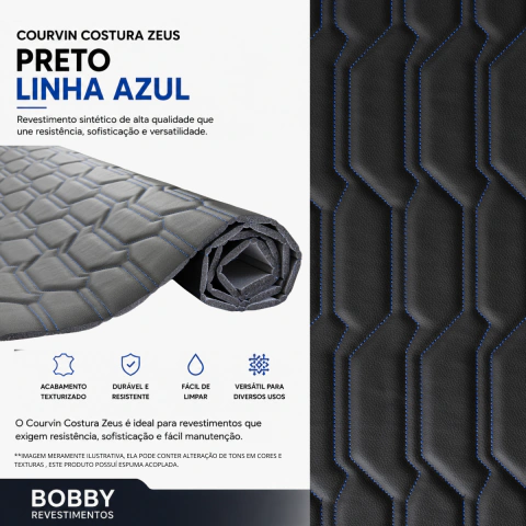 Courvin Automotivo Corino Costura Zeus Preto Linha Azul Tecido Sintético Espuma D26 Decoração Artesanato DYI 1,00 M (C)