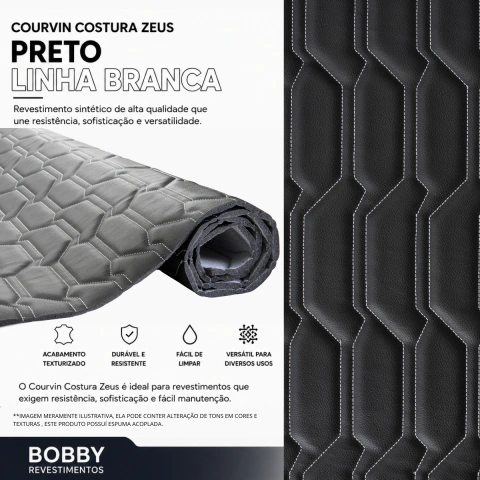 Courvin Automotivo Corino Costura Zeus Preto Linha Branca Tecido Sintético Espuma D26 Decoração Artesanato DYI 1,00 M C