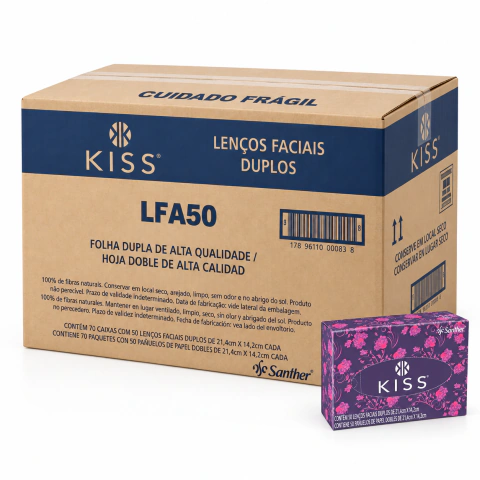 Caixa master de lenços faciais Kiss folha dupla com 70 caixinhas embaladas individualmente