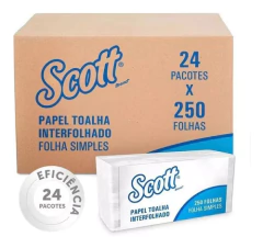Caixa de papel toalha interfolhado Scott Basic com 24 pacotes de 250 folhas cada, folha simples