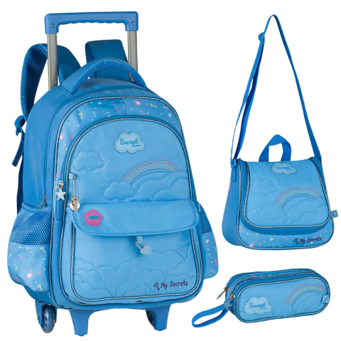 Kit 3 PEÇAS Mochila Rodinha Escolar Feminino AZUL