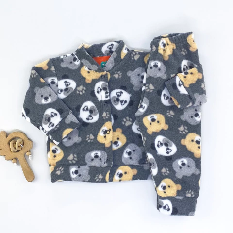 Conjunto Soft Pettenati Baby Casaco e Calça Cinza Chumbo Urso