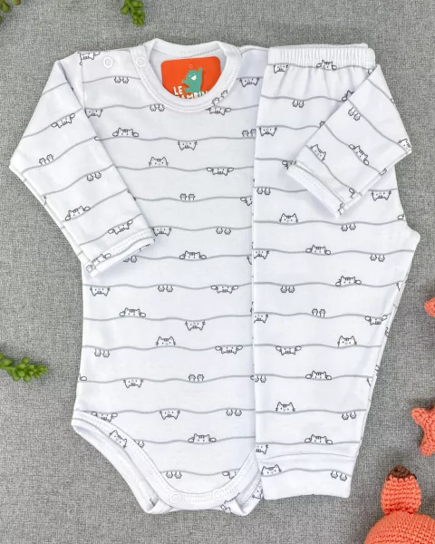 Conjunto Body e Calça Bebê Suedine Estampado Branco Varal Gatos
