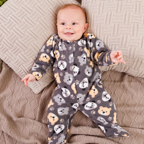 Macacão Bebê Soft com Pé Estampado Cinza Chumbo Urso - comprar online