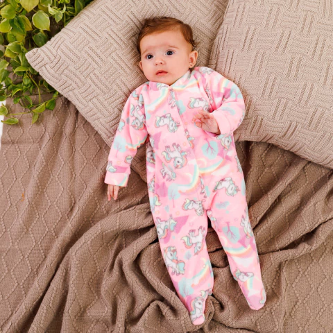 Macacão Bebê Soft com Pé Estampado Rosa Unicórnio Arco-Íris - comprar online