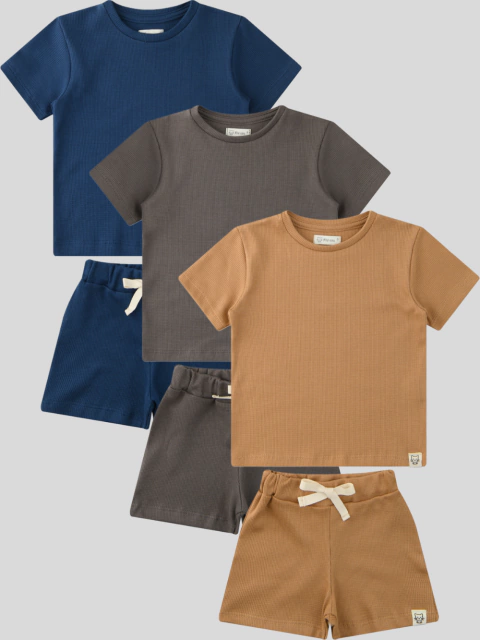 Kit 3 Conjunto Infantil Menino Malha Block Algodão - Azul-Grafite-Caramelo - comprar online