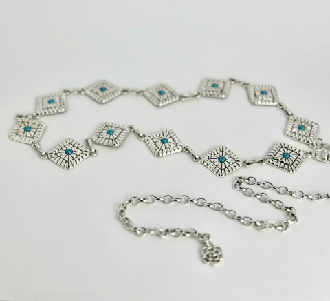 Cinto metal - losangos prata + turquesa