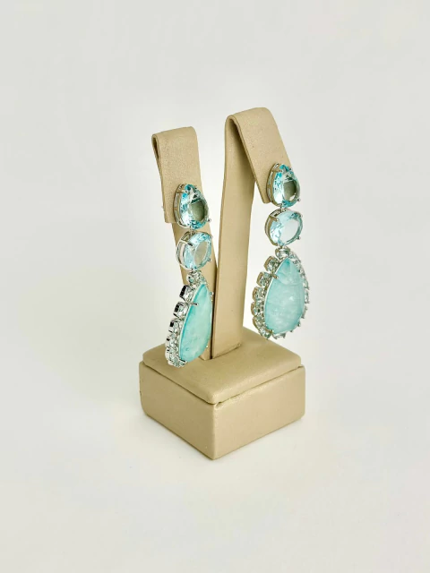 Brinco cristais acqua marine + gota fusion