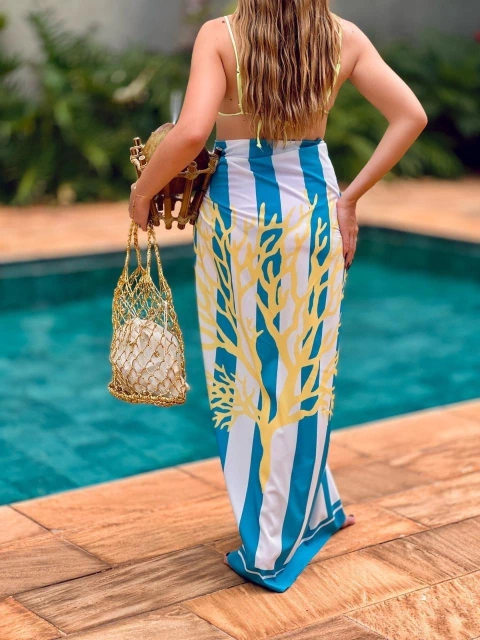 Pareô 1,30m x 1,40m - Coral lima + azul