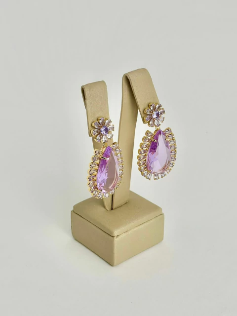 Brinco flor + gota cristal - lilás