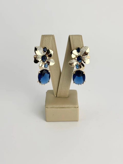 Brinco flor dour. + cristal marinho