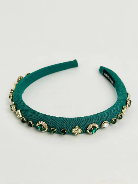 Tiara fina verde + cristais verdes e perola