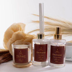 kit chá branco com difusor, home spray e vela aromática 200g