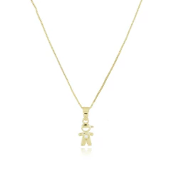 Colar feminino com pingente em forma de menino, incrustado com um pequeno cristal, em tom dourado.