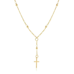 Colar terço folheado em dourado com corrente delicada, contas pequenas e pingente de cruz