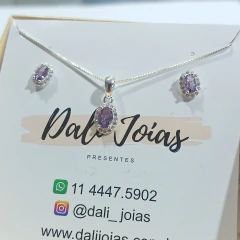 Conjunto Oval Lilas Cravejado de Zircônias Cristal em Prata 925