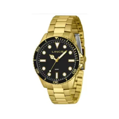 Relógio masculino Lince dourado com mostrador preto e pulseira de aço inoxidável
