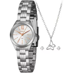 Kit Relógio Feminino Lince com pulseira prateada, mostrador prateado e detalhes em rosa, acompanhado de colar com pingente de borboleta e brincos de strass.